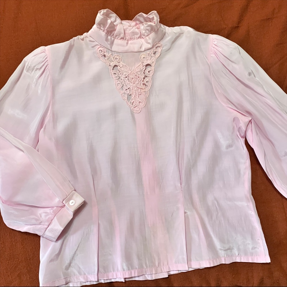 Vintage 80s Satin Cottage Blouse M - Picture 6 of 10
